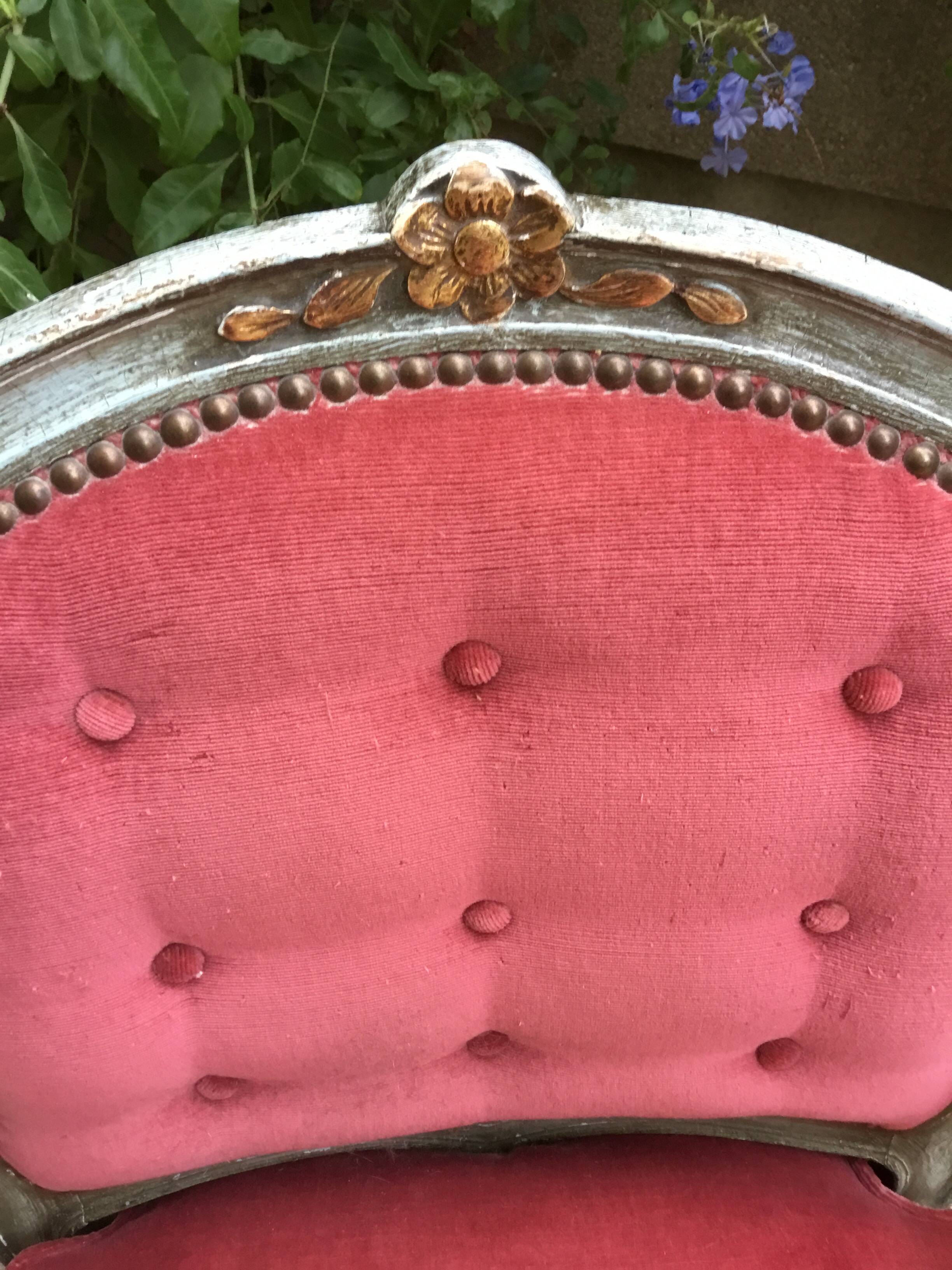 Louis XV style armchair in molded and carved wood with gray and gold patina