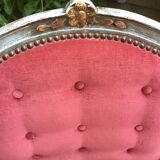 Louis XV style armchair in molded and carved wood with gray and gold patina