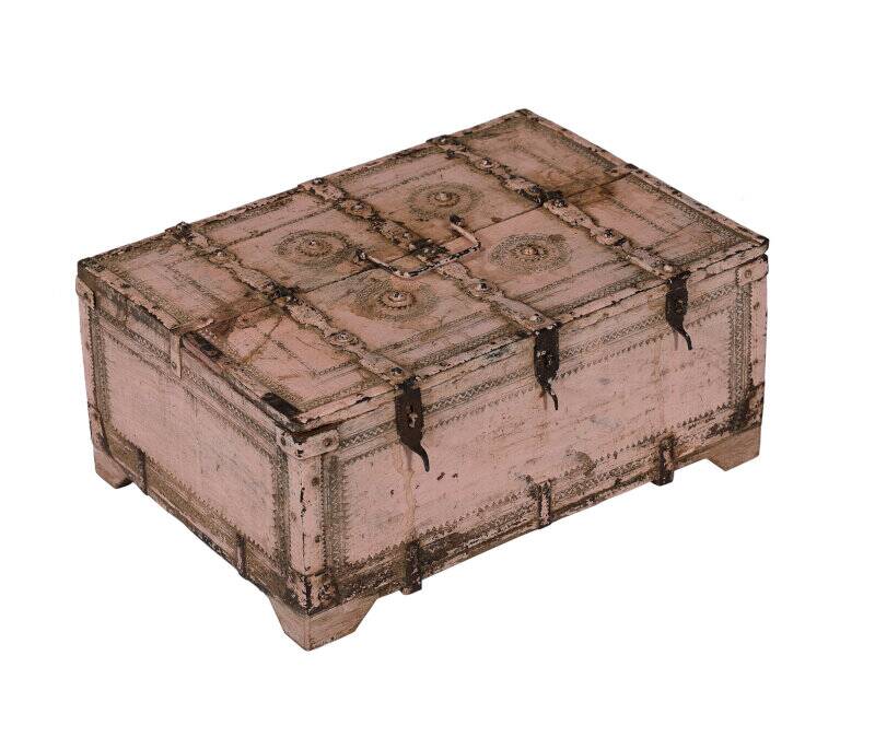 Coffre à dot Shekhawati Rajasthan Patine Rose Bois Sculpte Inde