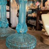 Pair blue glass candle holders.type Art Deco