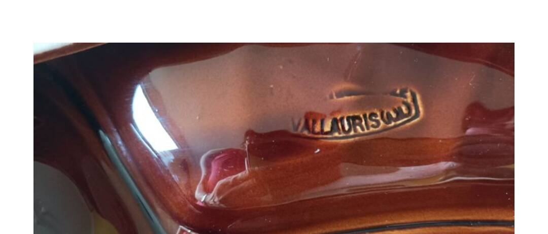 Large brown and orange Vallauris fish-shaped dish