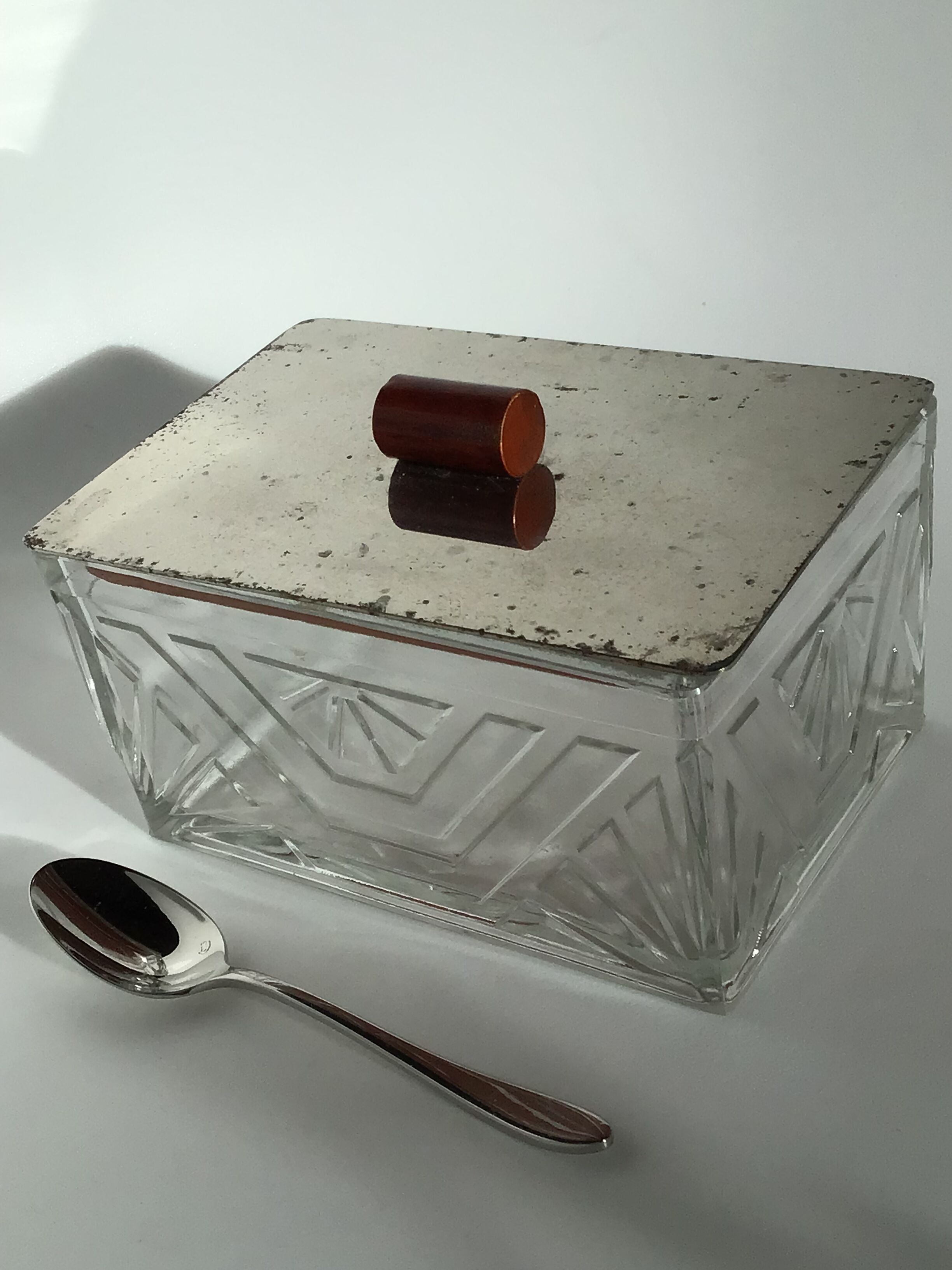 Art Deco box molded glass lid metal mirror