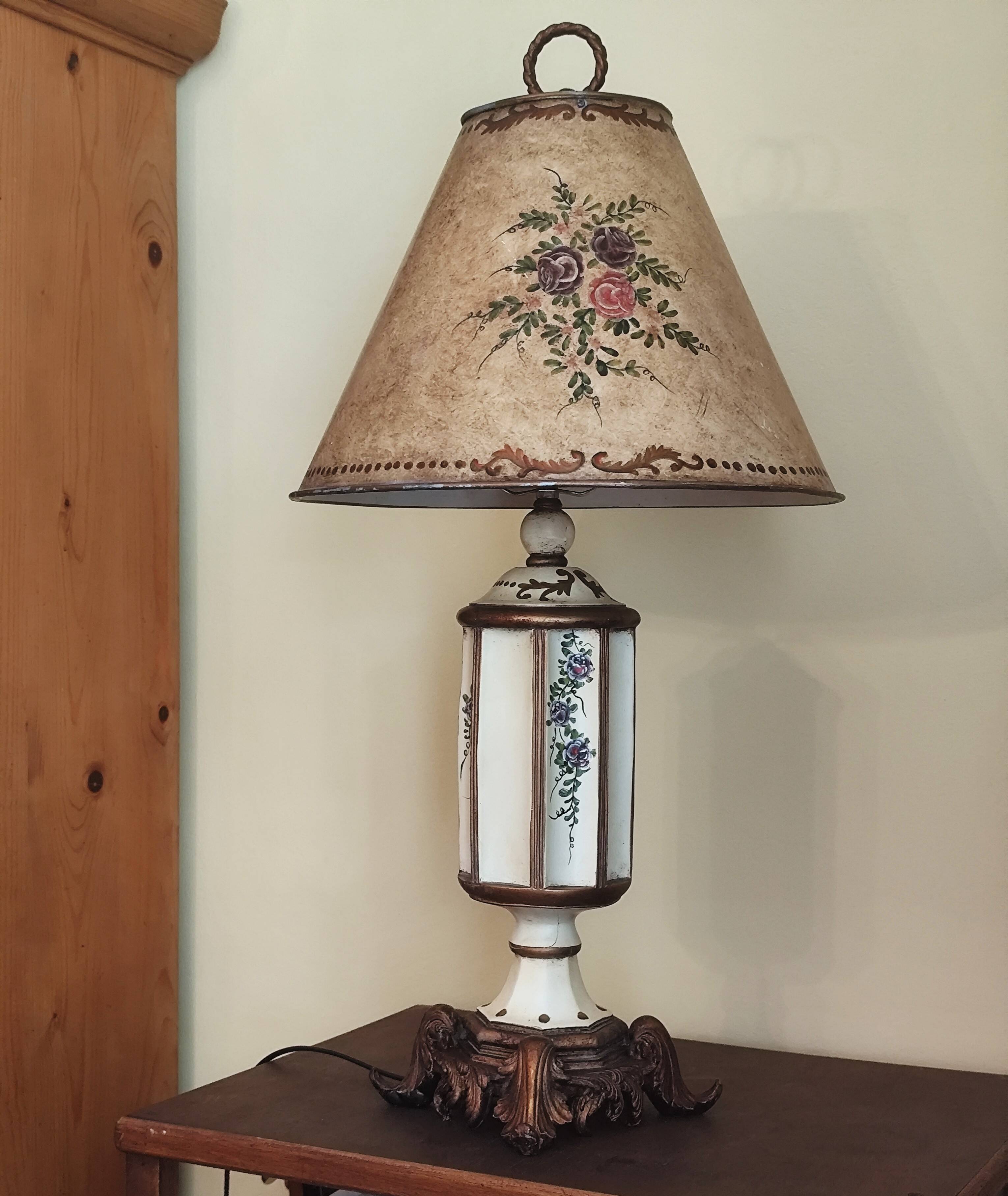 Large pagoda lamp painted with floral patterns and metal shade.