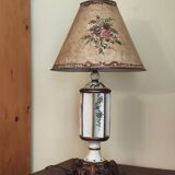 Large pagoda lamp painted with floral patterns and metal shade.