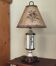 Large pagoda lamp painted with floral patterns and metal shade.