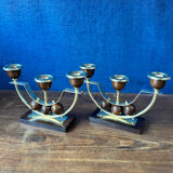 Pair of Art Deco candlesticks in brass and varnished wood, 1930s/1940s