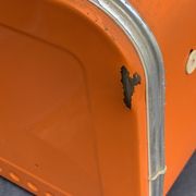 Bread box orange metal and its vintage knife 1970