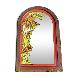 Wooden arch mirror with cloisonné floral decor