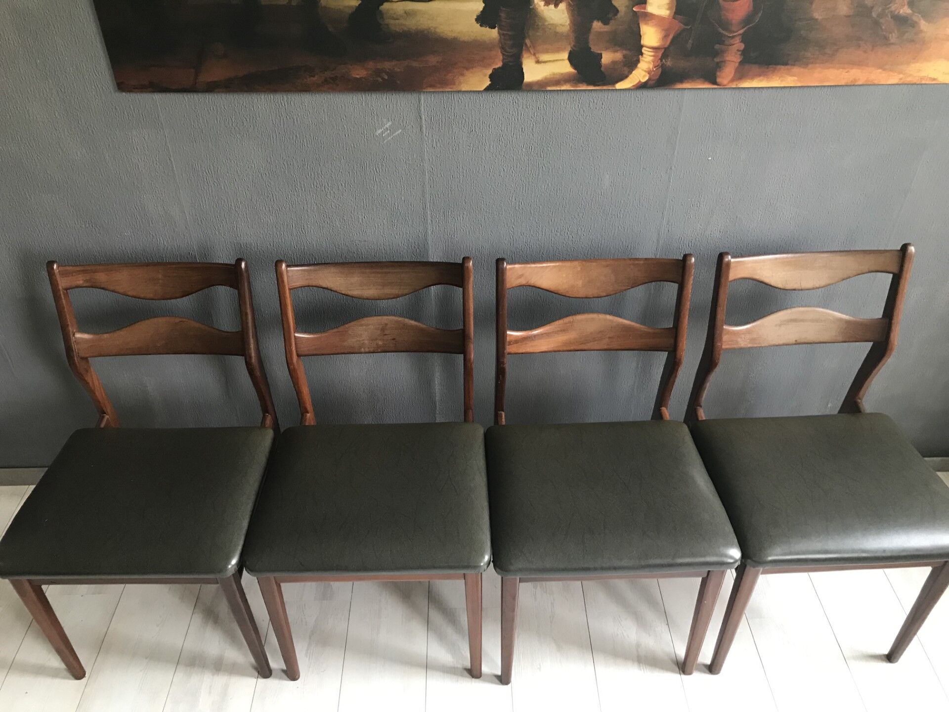 4 vintage teak dining chairs, dark green