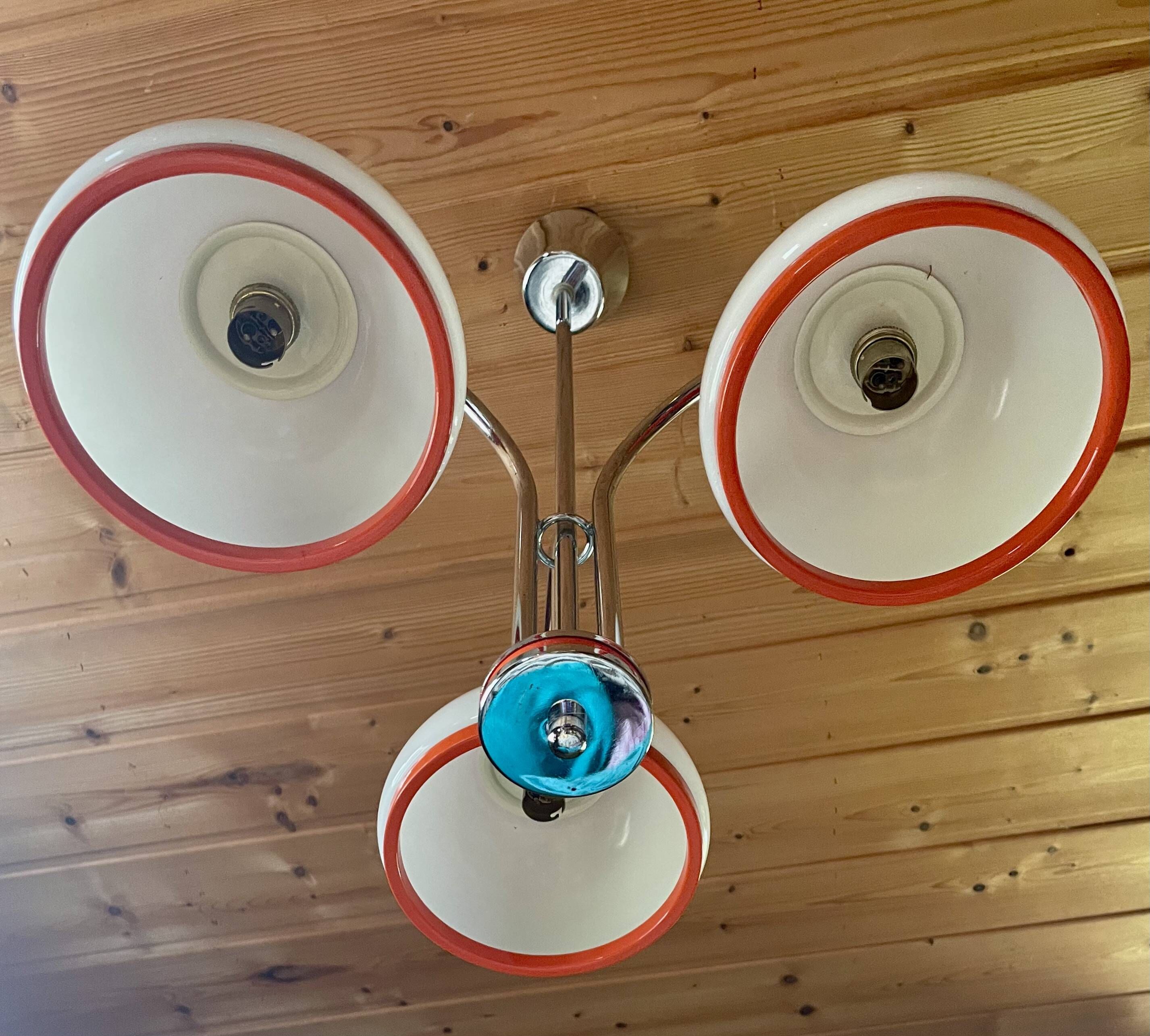 Chandelier, Pendant light, Ceiling light, 3 white and orange lampshades, 70s