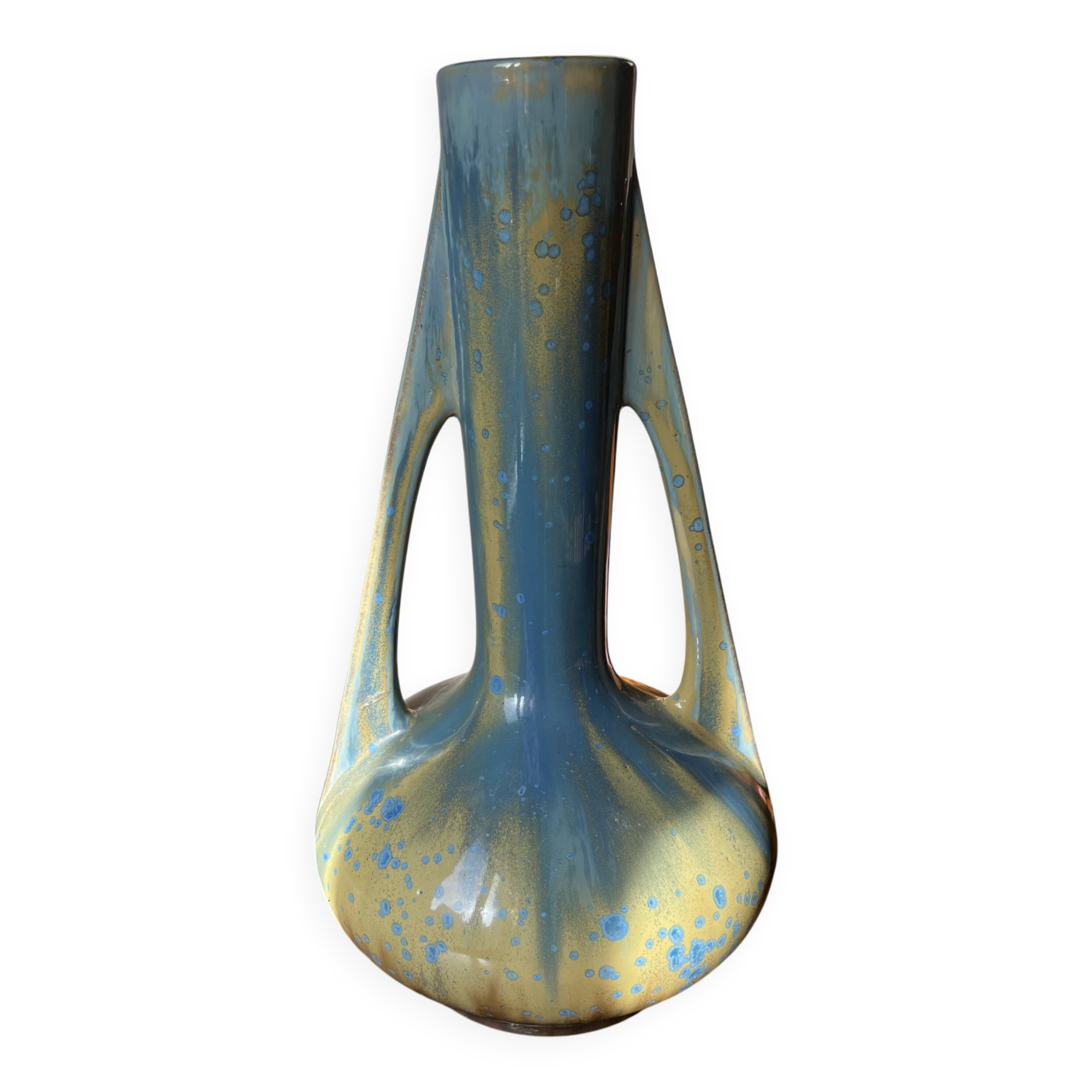 French Pierrefonds vase with blue crystalline glaze, Art Nouveau stoneware