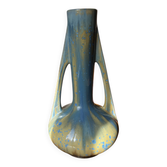 French Pierrefonds vase with blue crystalline glaze, Art Nouveau stoneware
