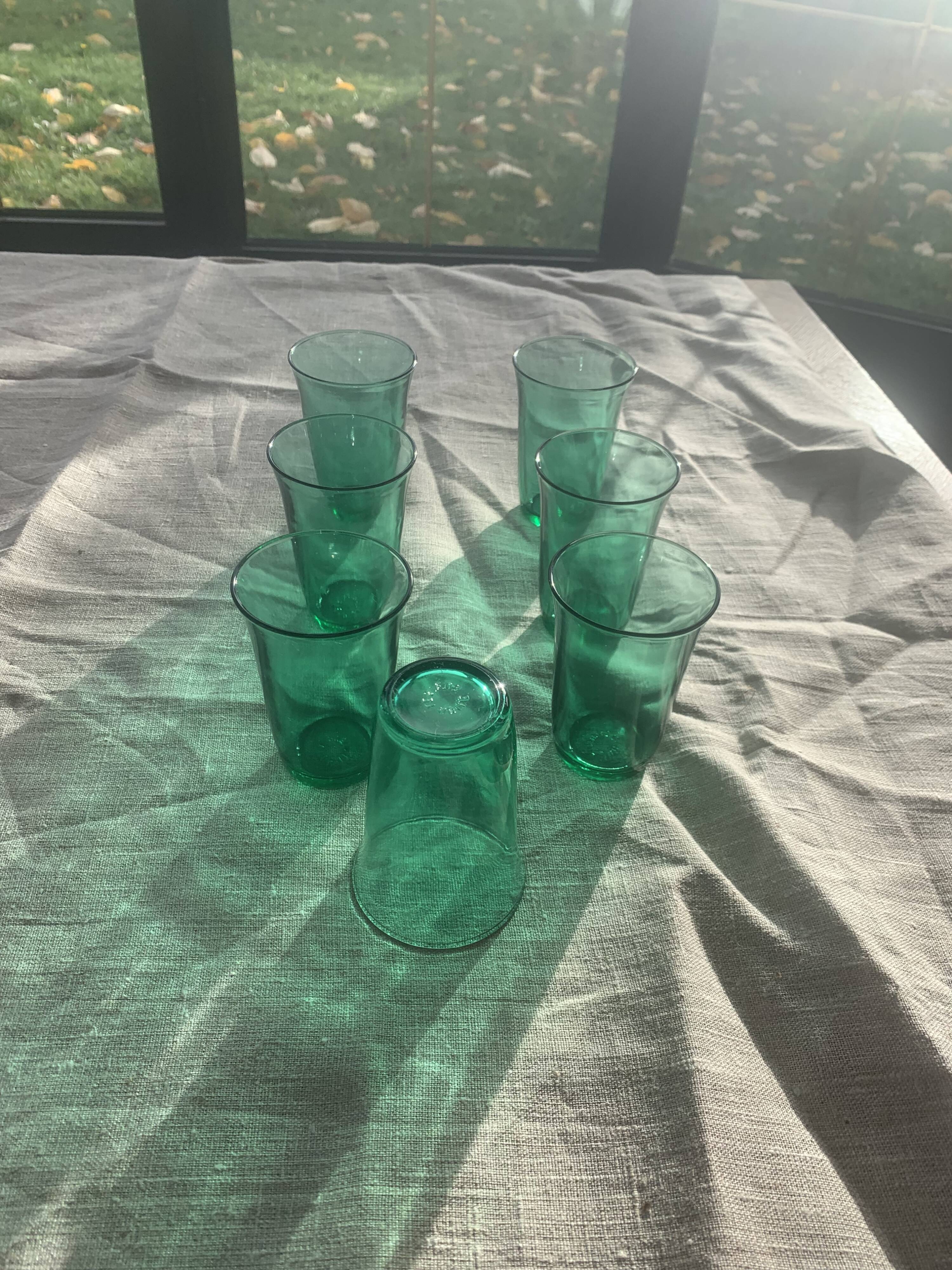 7 water glasses in green glass advertising vintage Lesieur oil