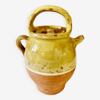 Yellow glazed ceramic jug / chevrette, with lid