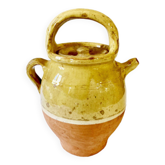 Yellow glazed ceramic jug / chevrette, with lid