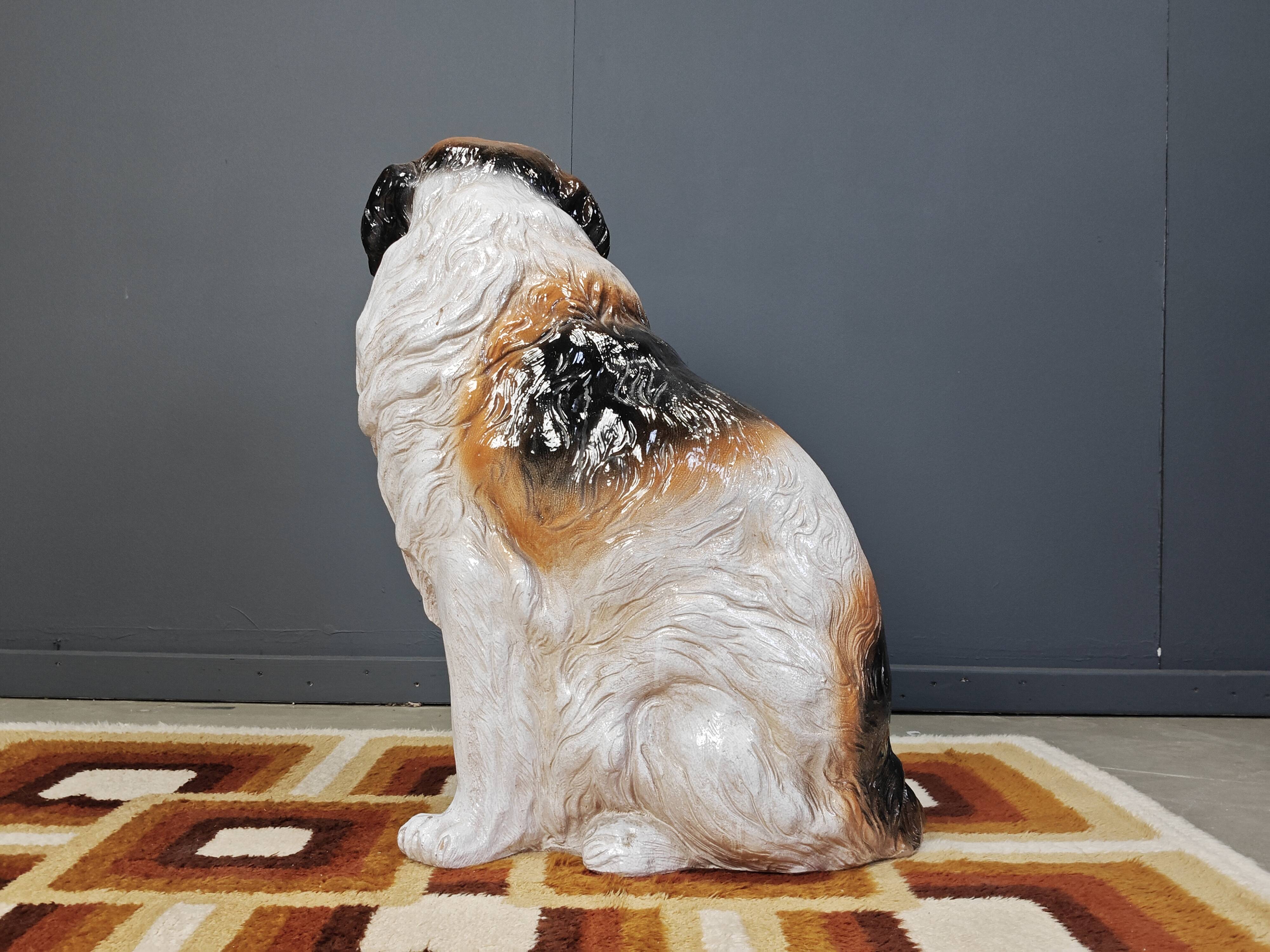 Life sized Vintage glazed terracotta St bernard dog sculpture, 1960s