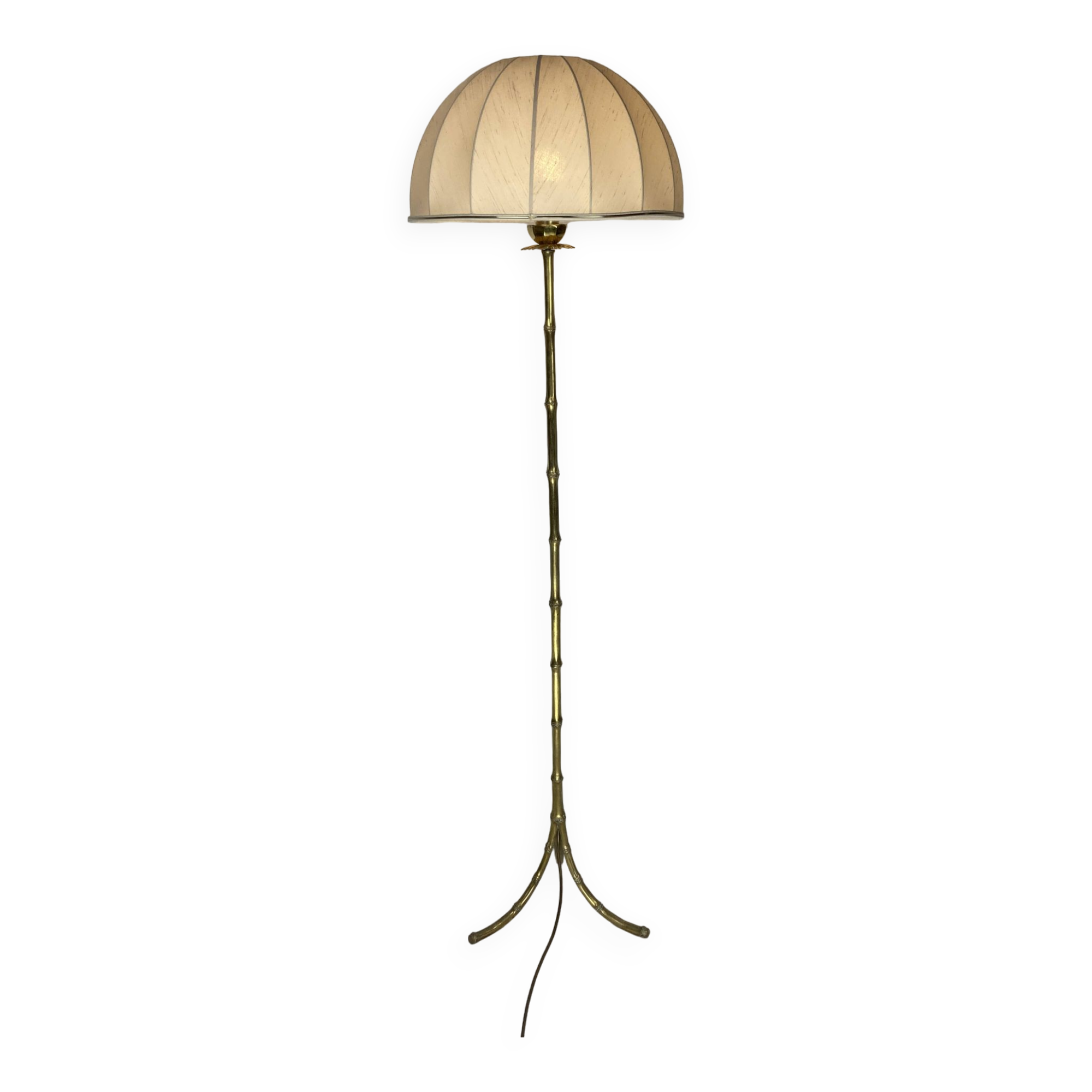 Lampadaire en laiton et imitation bambou avec abat-jour champignon, France, années 1950