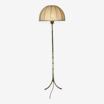 Lampadaire en laiton et imitation bambou avec abat-jour champignon, France, années 1950