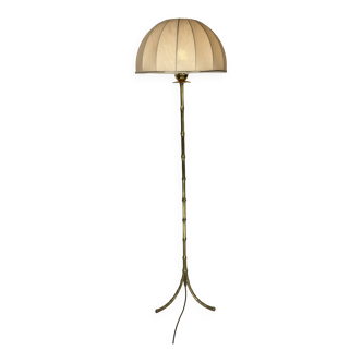 Lampadaire en laiton et imitation bambou avec abat-jour champignon, France, années 1950