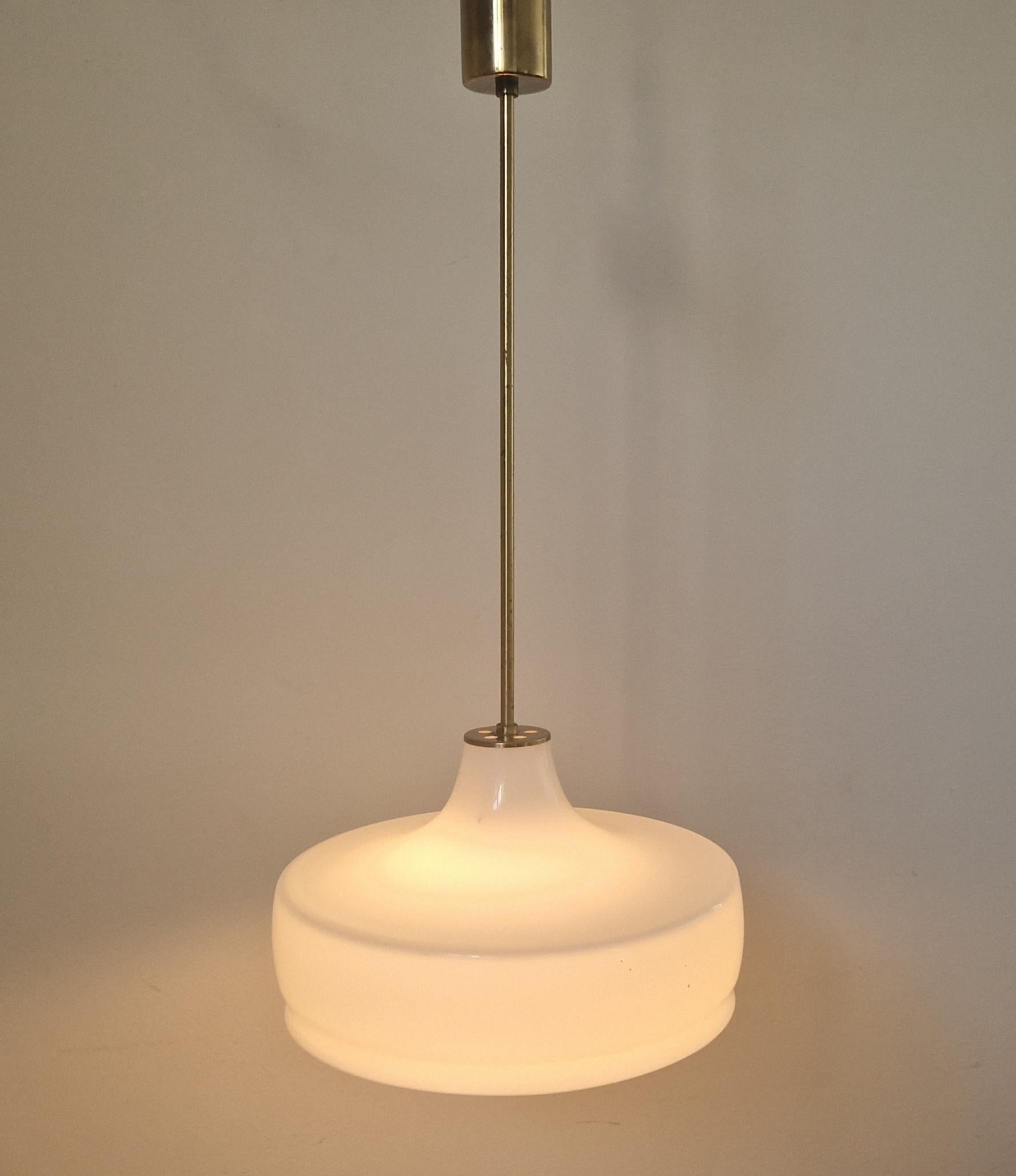 Rare Midcentury Brass and Milk Glass Pendant Kamenicky Senov, 1970s