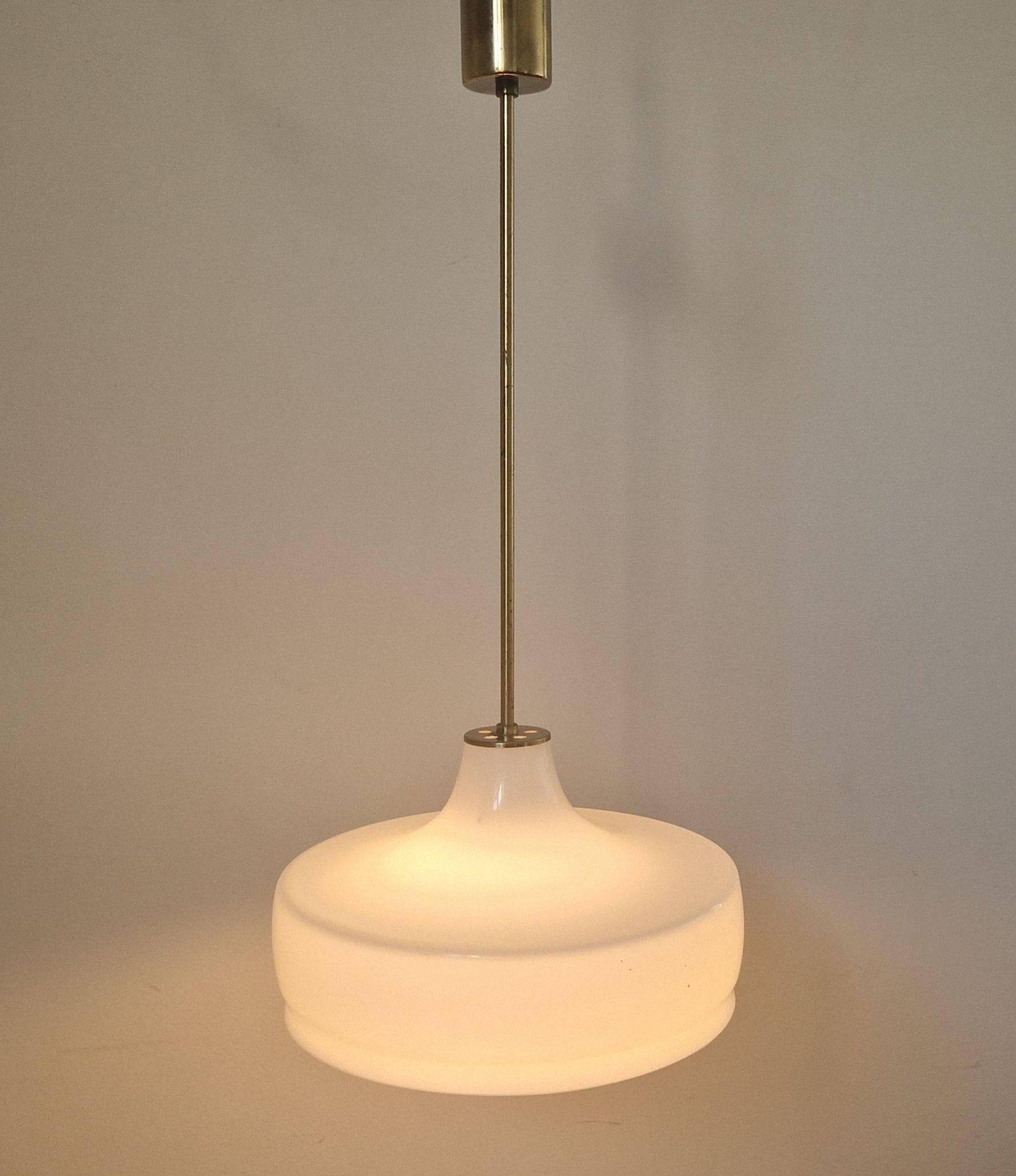 Rare Midcentury Brass and Milk Glass Pendant Kamenicky Senov, 1970s