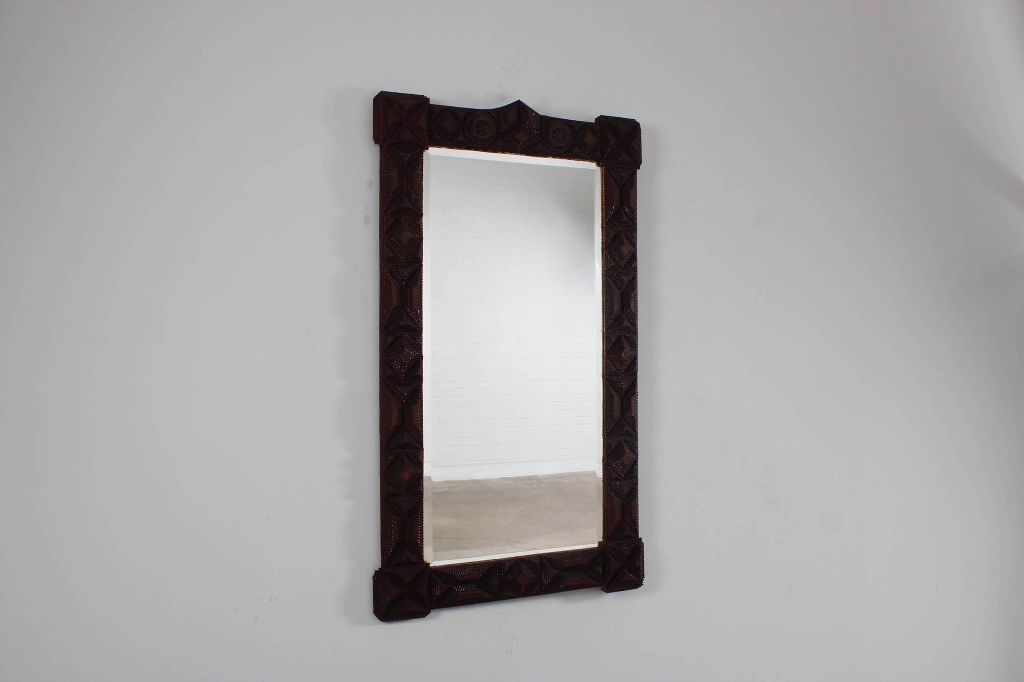 Antique Tramp Art wall mirror brutalism chip carving 1900