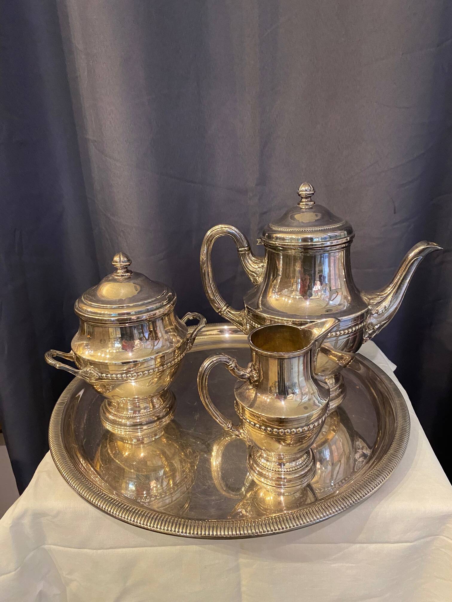 Antique 4-piece tea service silver metal louis xv style godron decor