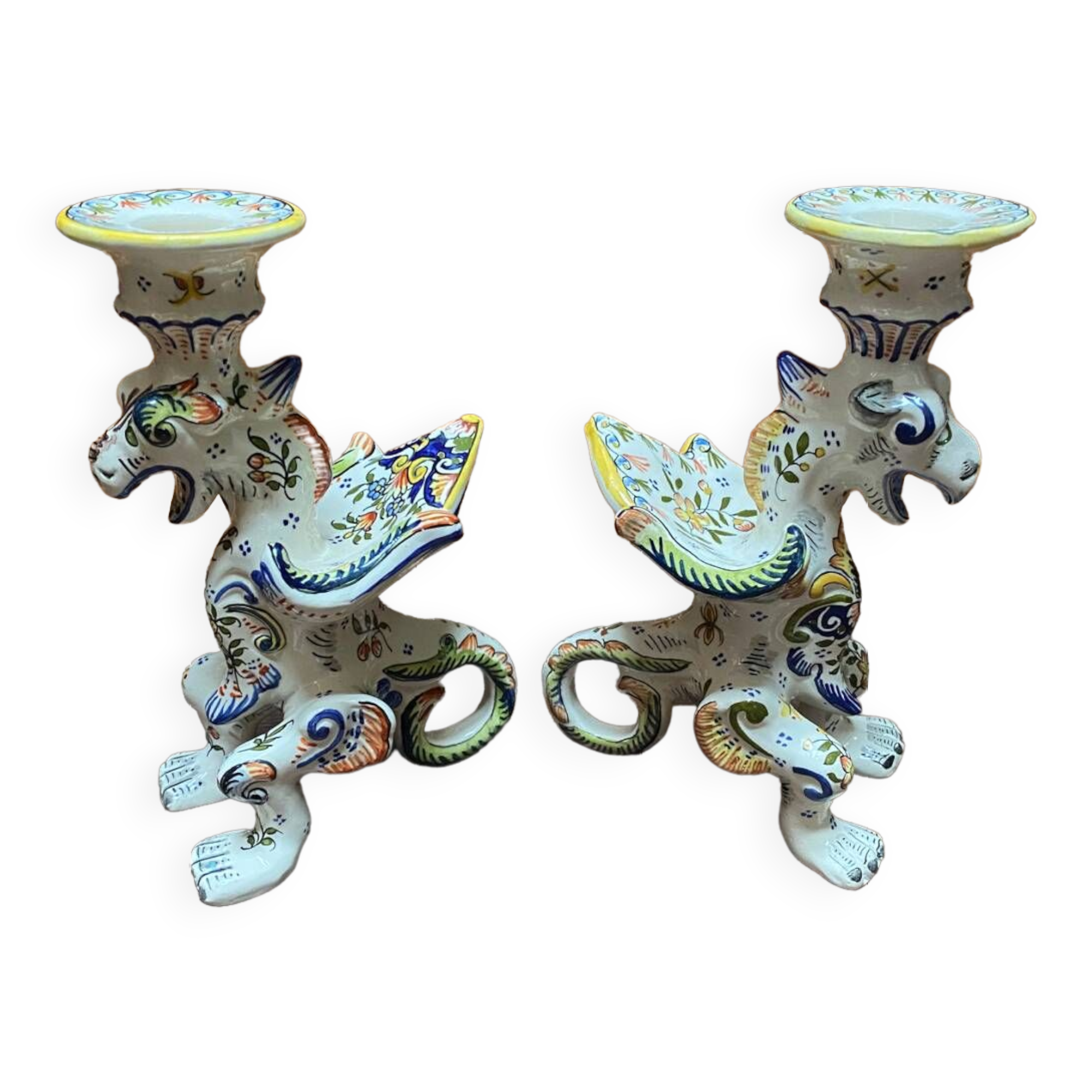 Griffon candlesticks in Old Rouen earthenware
