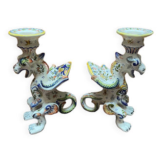 Earthenware griffon candlesticks Old Rouen