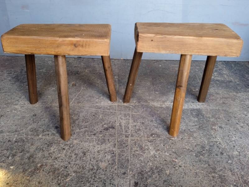 Pair of low stools in old patinated solid wood