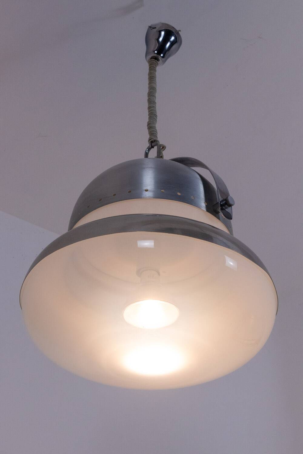 Industrial style suspension in brushed metal and opaline. 1970s.