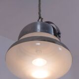 Industrial style suspension in brushed metal and opaline. 1970s.