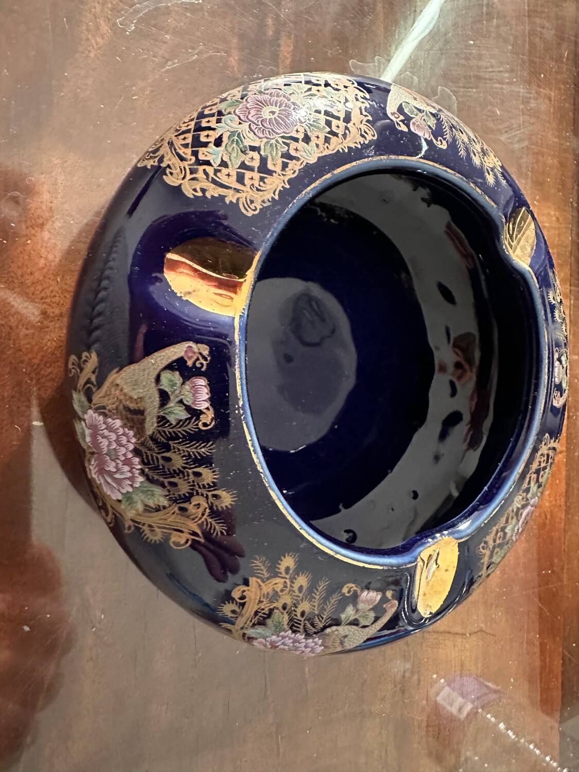 Cobalt Blue Enameled Ashtray, Golden Peacock and Floral Decor - Vintage Italy