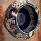 Cobalt Blue Enameled Ashtray, Golden Peacock and Floral Decor - Vintage Italy