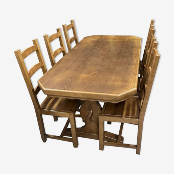Set of 01 large rustic table with 06 chairs