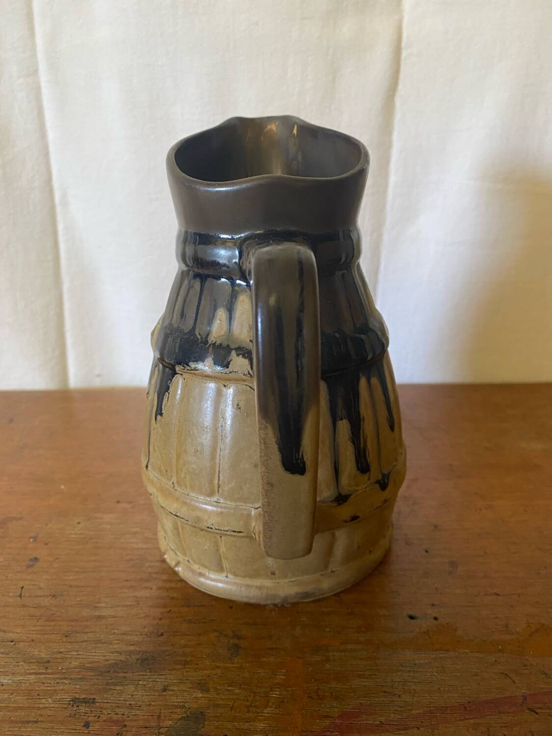 Antique Barrel-Shaped Pitcher, Beige & Blue Glazed Stoneware, 80cl, Service Vi