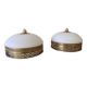 Pair of antique half-spherical ceiling sconces in white glass and brass.