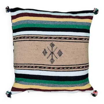 Coussin berbère folklorique vert à pompon