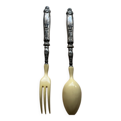 Service à salade ancien en métal argenté et ivoire/os – Dans son coffret d'