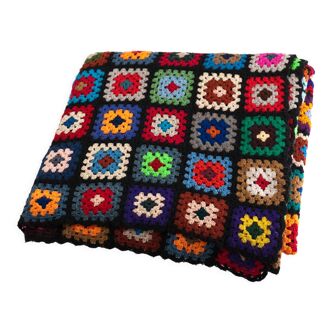 Vintage wool granny crochet plaid blanket 2.2 x 2.2m