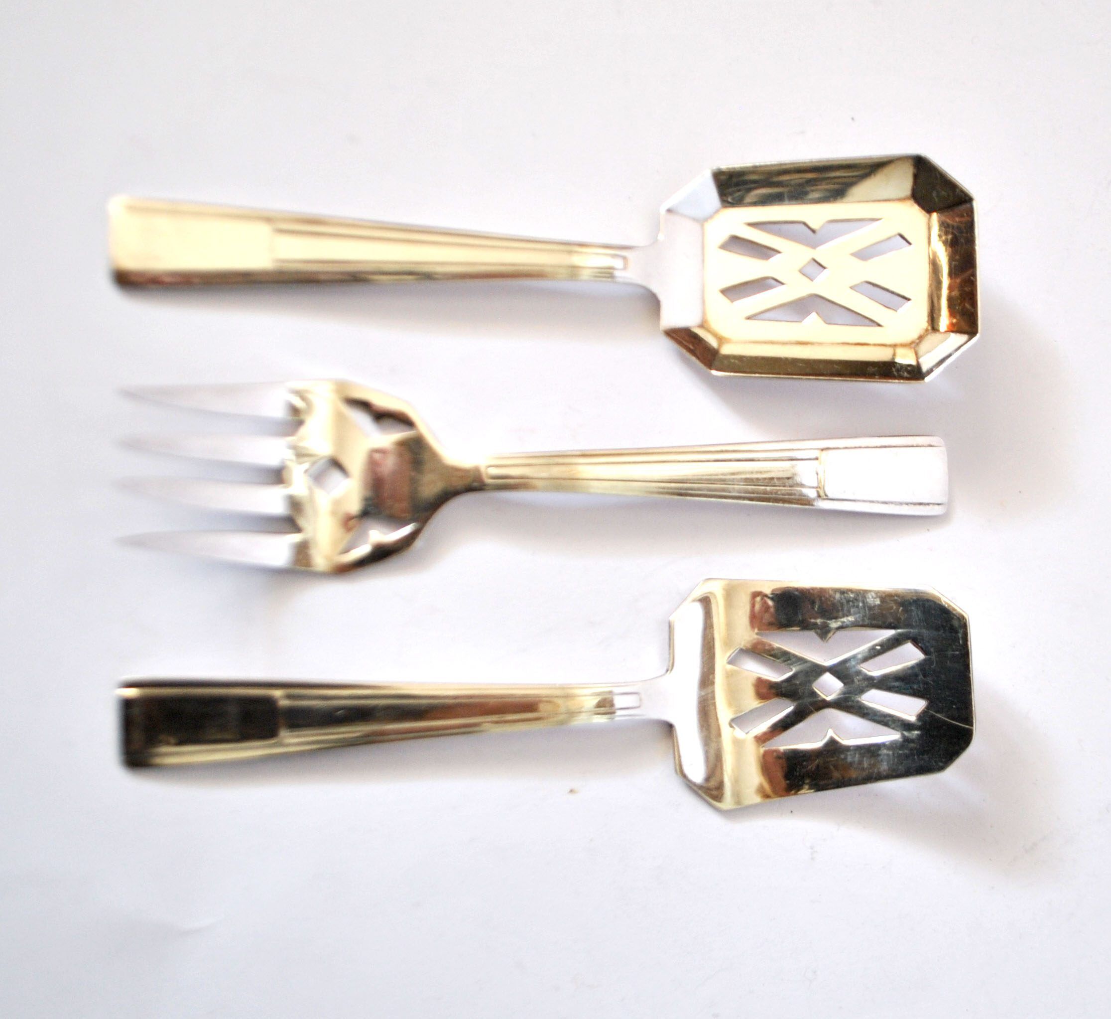 Set of 3 modernist 1950s dessert cutlery in silver by RENEKA.