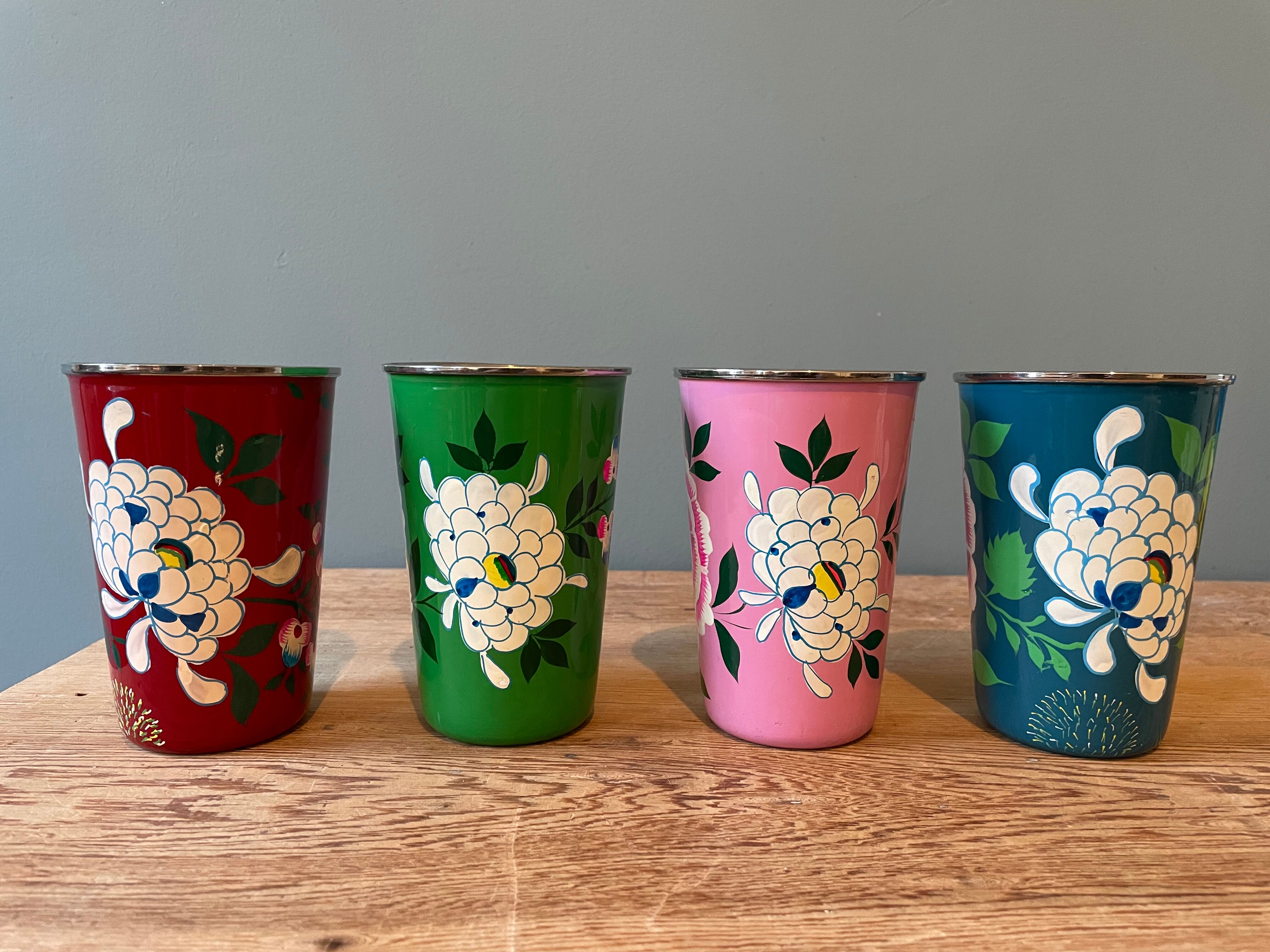 Set of 4 hand-painted stainless steel cups