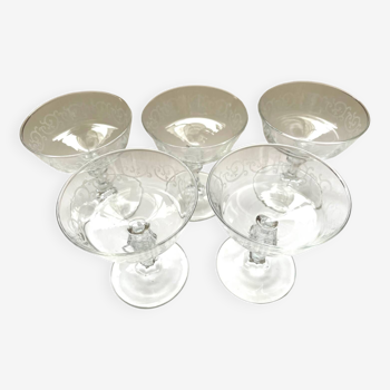 5 silk-screened art deco champagne glasses