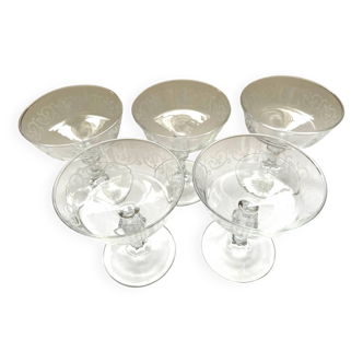 5 silk-screened art deco champagne glasses