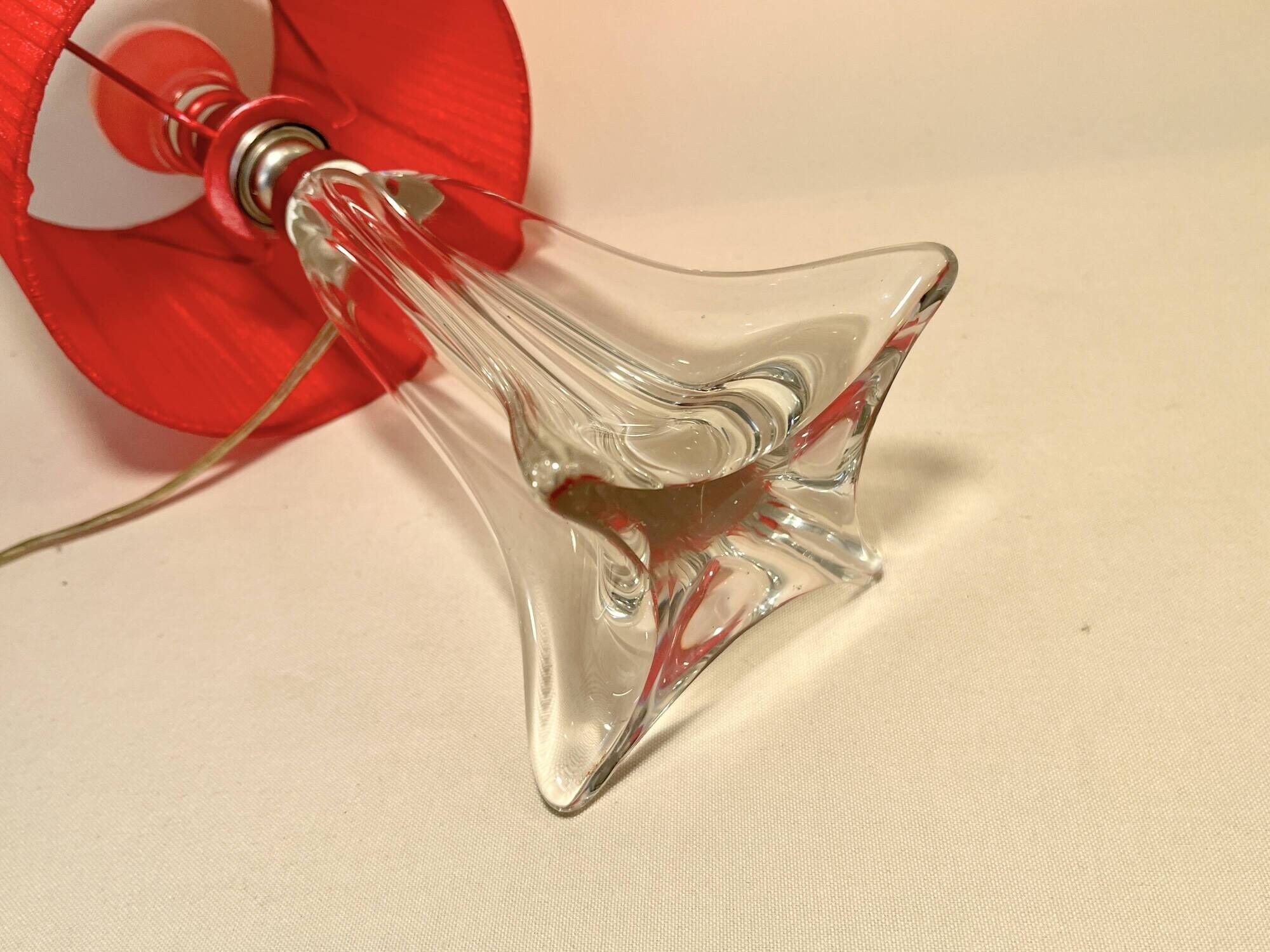Vintage crystal lamp base with red pleated organza ribbon shade 1940