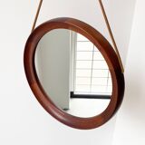 Mid Century solid teak wall mirror with a leather strap - Danish design