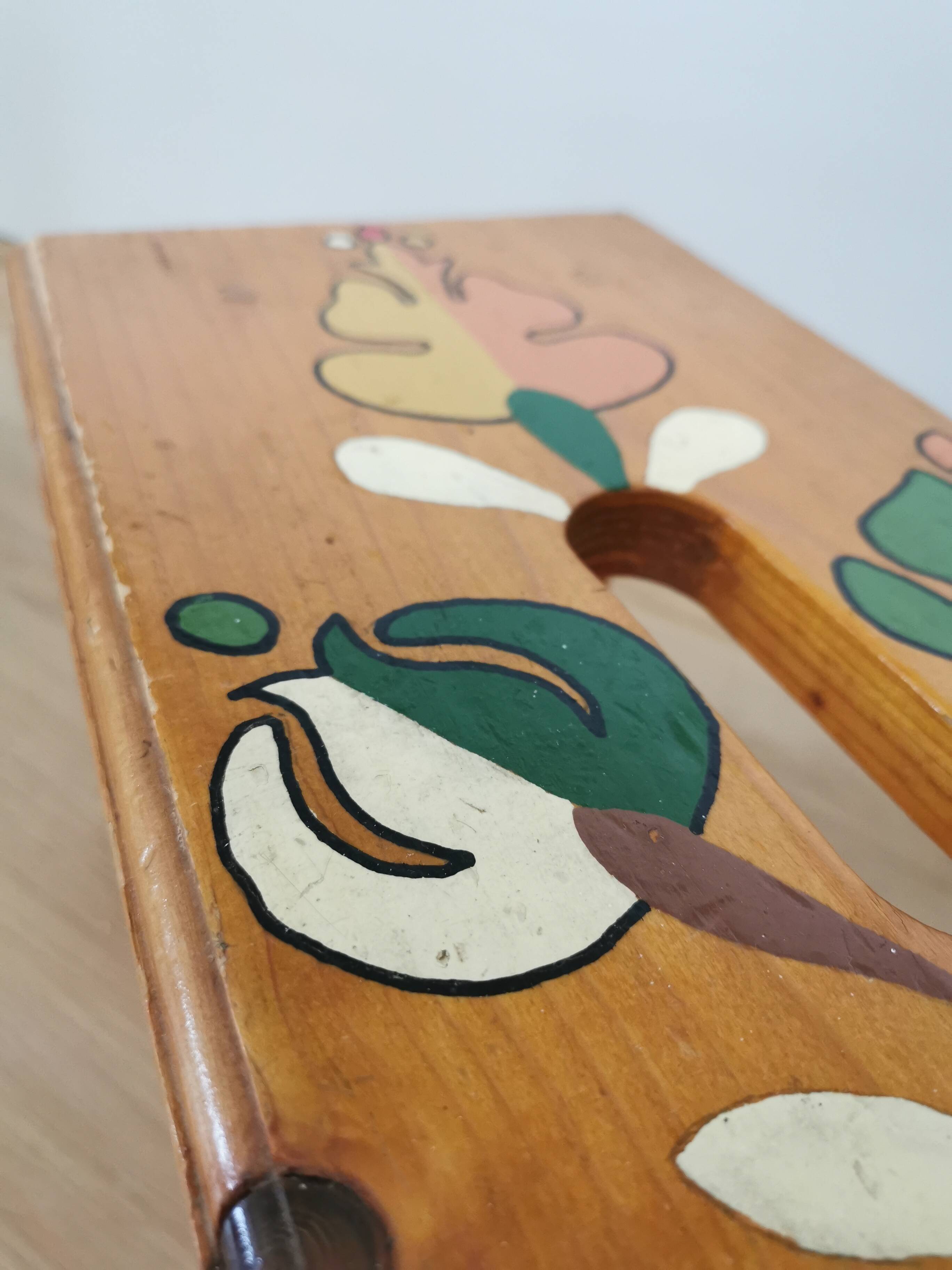 Vintage Hand-Painted Wooden Footstool: Yugoslavian Folk Art Decor