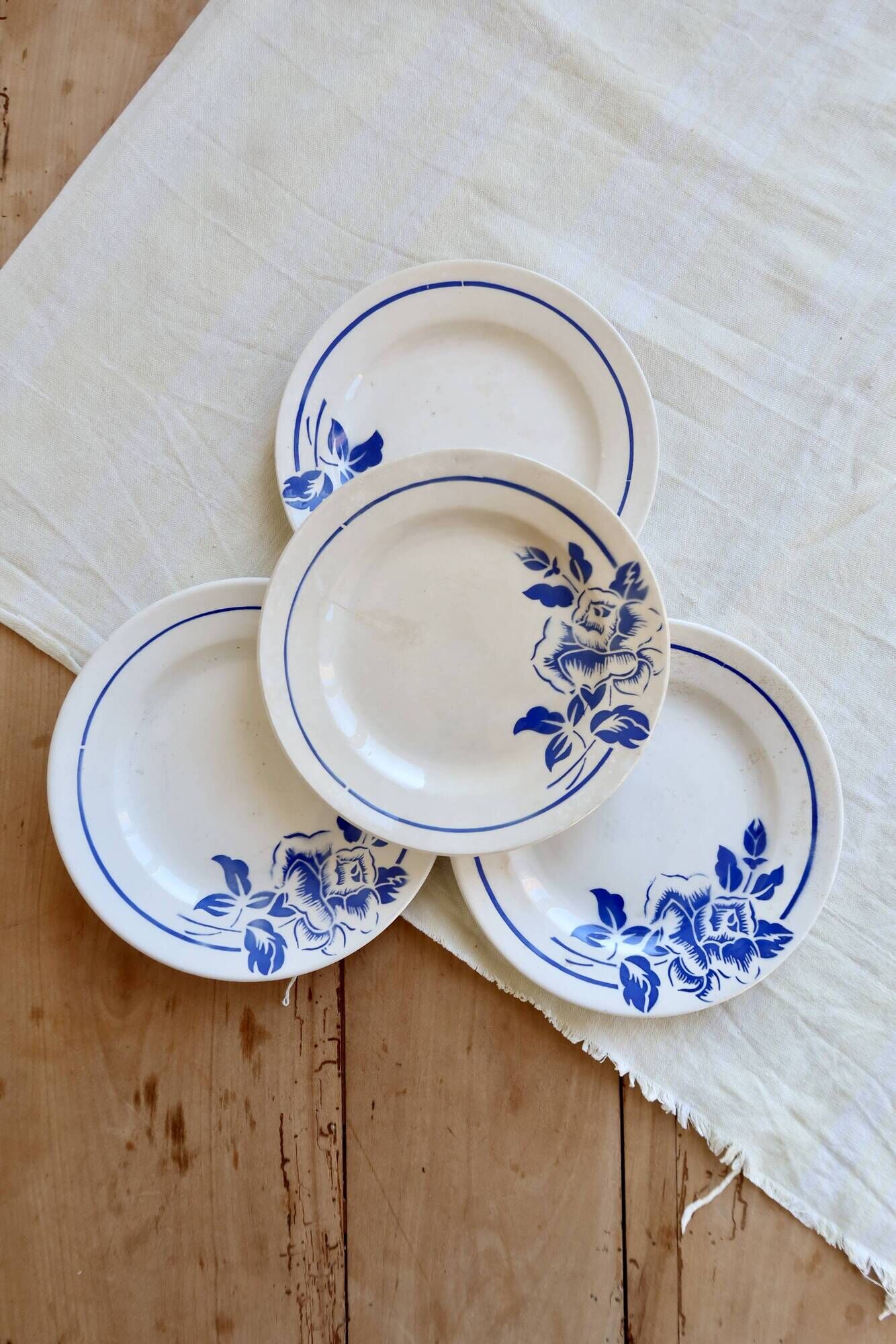 4 vintage ironstone dessert plates Digoin Sarreguemines Hubert blue