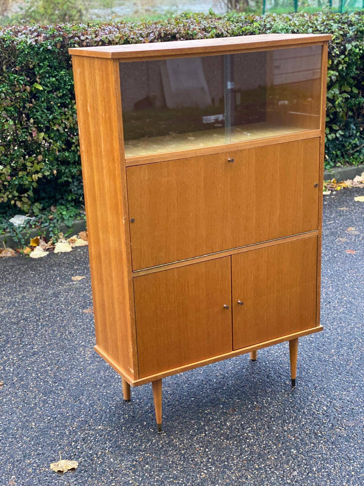 Vintage Scandinavian glass secretary with 3 doors and compass legs 145cm