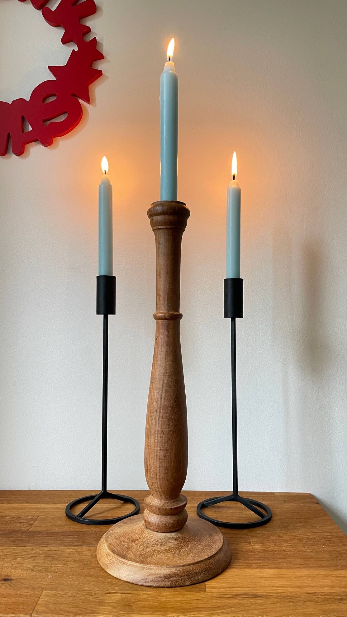 Trio of Vintage Teak and Steel Candlesticks